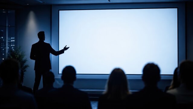 Businessman giving a presentation in front of a blank screen mockup