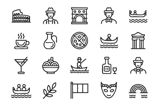 Italy Landmark and Cuisine Line Icons for Tourism Marketing