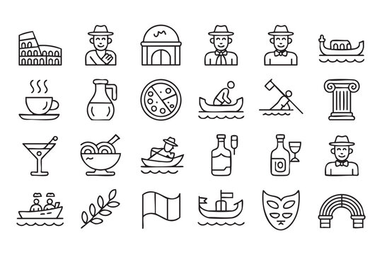 Italy Travel Icons with Venice Gondola and Roman Landmark Symbols