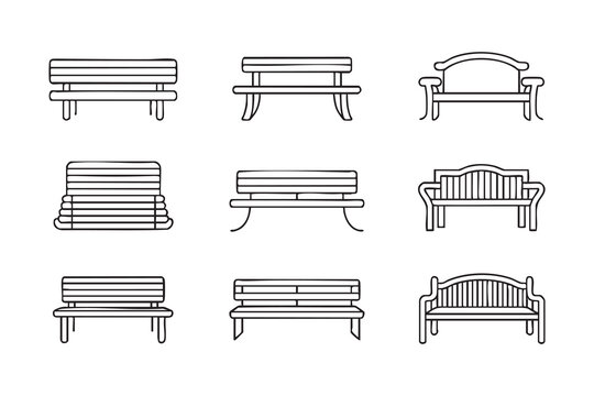 Park Bench Line Icons for Outdoor Seating and Urban Design