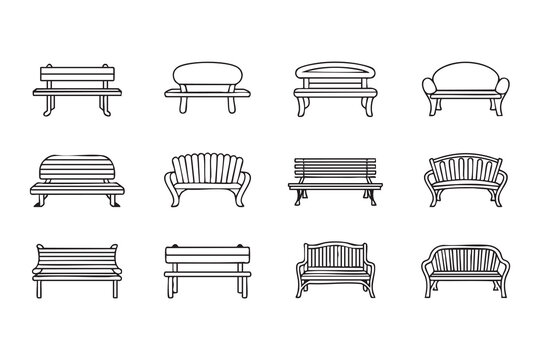 Urban Street Furniture Line Art Icons Featuring Classic Benches