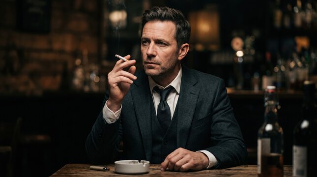 Man in a suit smoking a cigarette while seated at a wooden table in a dimly lit bar with bottles and glasses visible in the background