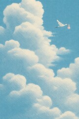 Fototapeta premium Stork flying amidst fluffy clouds.