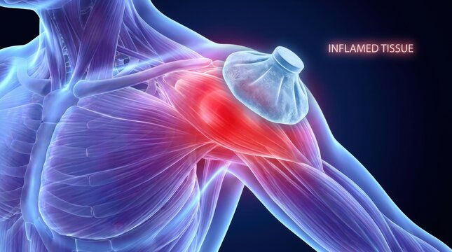 Cold pack applied to inflamed shoulder muscle for pain relief and healing