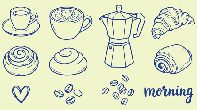 Morning coffee set hand drawn doodle with moka pot espresso cup croissant cinnamon roll latte breakfast cafe vector illustration