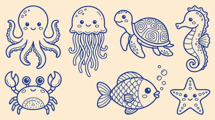 Cute sea creatures hand drawn doodle set with kawaii octopus jellyfish turtle crab seahorse fish starfish cartoon ocean vector illustration © jonty