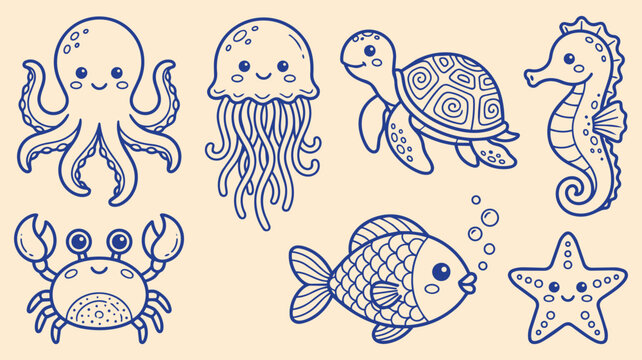 Cute sea creatures hand drawn doodle set with kawaii octopus jellyfish turtle crab seahorse fish starfish cartoon ocean vector illustration