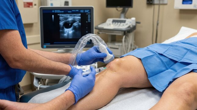Doctor performs ultrasound-guided knee injection for patient treatment