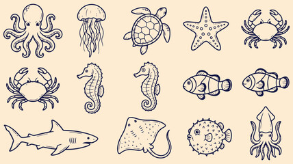 Hand Drawn Sea Creatures Marine Life Doodle Set Octopus Jellyfish Crab Tropical Fish Seahorse Underwater Vector Illustration © jonty