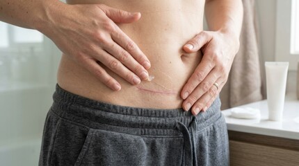 Fototapeta premium Woman applying scar treatment gel to her c-section incision on her abdomen