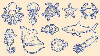 Hand Drawn Ocean Sea Creatures Doodle Set Octopus Jellyfish Turtle Crab Seahorse Stingray Clownfish Vector Illustration © jonty