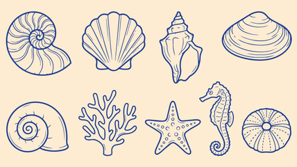 Assorted collection of seashells and marine life in clean line art style presented on a light background for coastal templates, suitable for nature decor, beach themes, and summer designs. © jonty