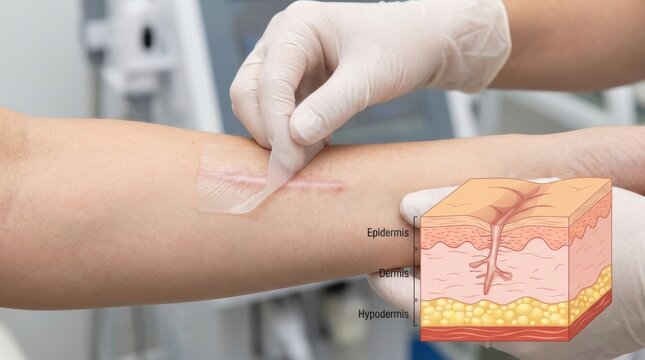 Applying scar treatment gel to a healing surgical incision on an arm