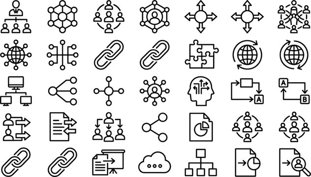 Blockchain network connections and global database line icon set representing decentralized node linking corporate infrastructure transfer flow computing hierarchy data vector