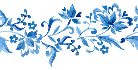 Seamless border of floral ornaments in folk style. Watercolor blue frame © Tatiana