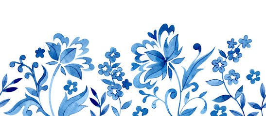 Fototapeta premium Seamless border of floral ornaments in folk style. Watercolor blue frame