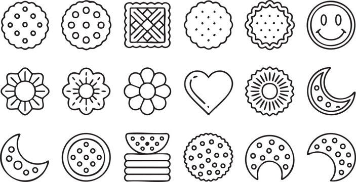 Biscuit Outline Icon Collection with Heart, Flower and Smiley Cookie Designs