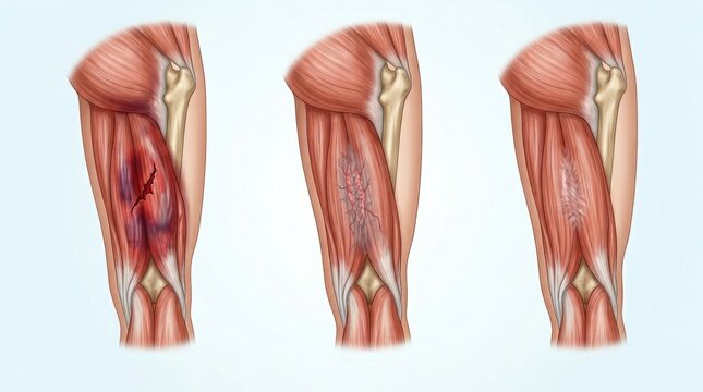 Illustration showing stages of muscle tear and healing in the human thigh