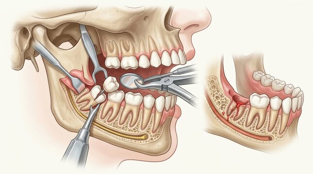 Dental illustration showing wisdom tooth extraction procedure and impacted tooth