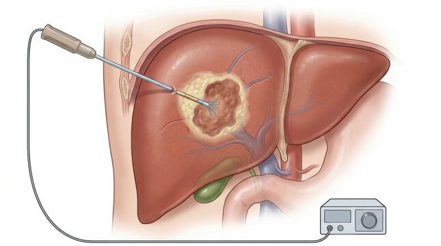 Minimally invasive procedure targeting a cancerous liver tumor with specialized instrument
