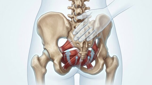 Illustration of the human pelvic floor muscles being activated by a hand