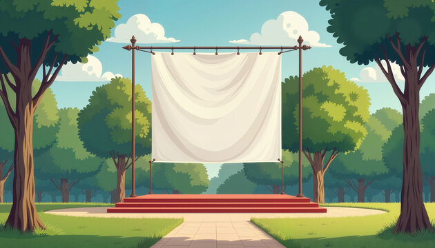 outdoor stage setup with empty backdrop surrounded by trees in a park, suitable for events or presentations, with copy space
