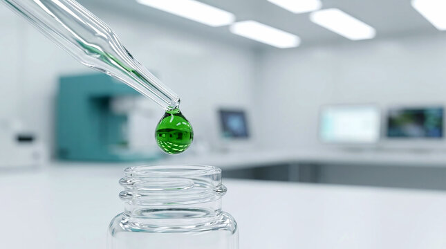 Dropping green microalgae extract from pipette into vial in biotech laboratory 3D render with scientific apparatus for food security innovation, close-up