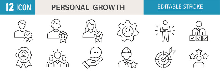 Fototapeta premium Personal growth web icons. Editable stroke. Growth profit, career progress, business people, strategy, coaching, tutorship, collection