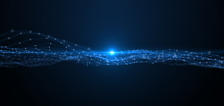 Futuristic blue plexus grid network wave technology, cyber telecommunication connection with glowing central light flare.