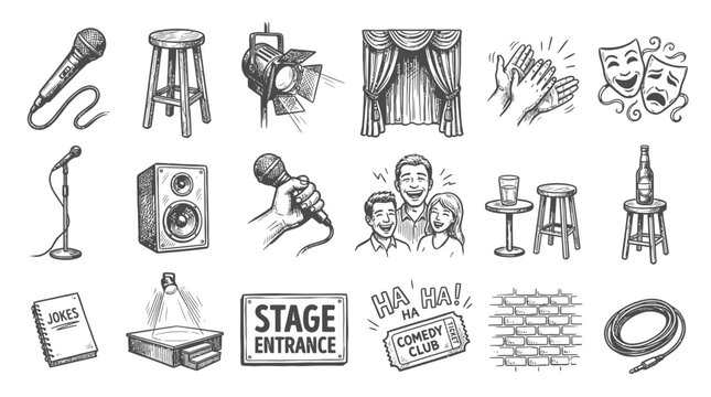 Comedy Show Icons: Microphone, Stage, Spotlight, Audience, Jokes, Brick Wall