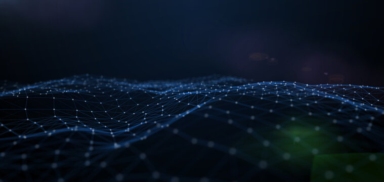 Futuristic cyber digital network grid technology, telecommunication connection with glowing concentric light hub and blue plexus lines.