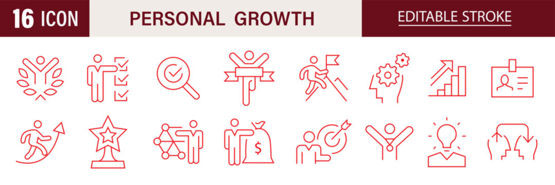 Personal Growth icon set. Containing self improvement, skill development, motivation arrow, human mind, success level, and more. Editable stroke. Vector illustration
