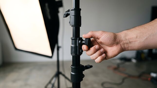Photographer adjusts the tension knob on a black metal light stand to secure the softbox position.
