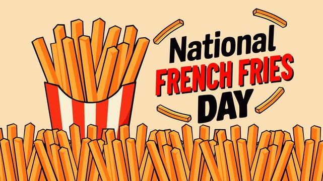 Vibrant National French Fries Day footage featuring a carton of golden crispy fries surrounded by a fries-filled background. Ideal for food promotions, restaurant marketing, fast food campaigns