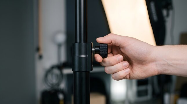 Hand tightens the black plastic knob on a professional studio light stand to secure the equipment in an indoor photography workspace.