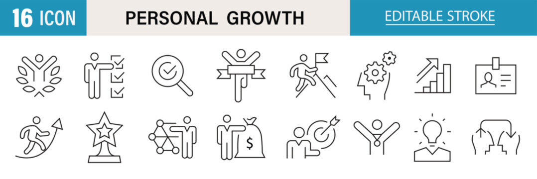 Personal Growth icon set. Containing self improvement, skill development, motivation arrow, human mind, success level, and more. Editable stroke. Vector illustration
