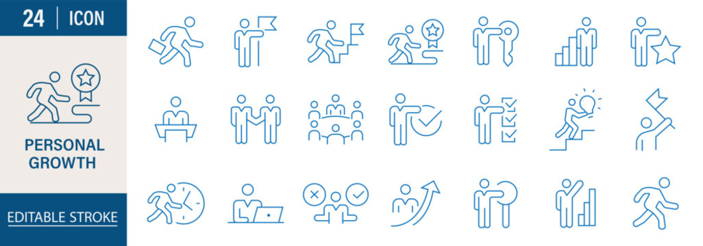 Personal Growth icon set. Containing self improvement, skill development, motivation arrow, human mind, success level, and more. Editable stroke. Vector illustration