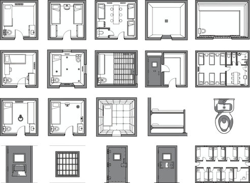 Collection of architectural blueprints and plans detailing various cell and room layouts, depicting security features like barred windows and reinforced doors.