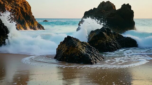 Captures Serene Coastal Scene To Golden Hour Of Sunset Sunrise Main Subject Natural Landscape With Two Large Rock Formations Prominently Featured