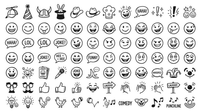 Doodle Icons: Funny Faces, Jokes, Comedy, Celebration, and Emotions Set