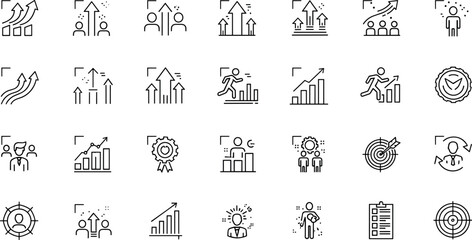 Fototapeta premium Business growth and career development line icon set featuring financial progress charts, arrow success symbols, corporate leadership, and goal achievement graphics.