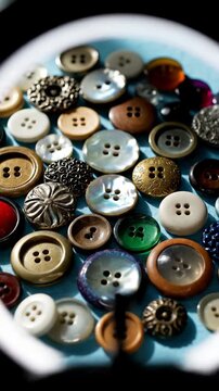 Assorted fabric buttons on blue background for sewing