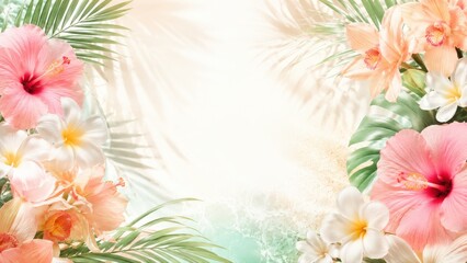 Obraz premium Copy Space Tropical floral border with pink hibiscus and palm leaves