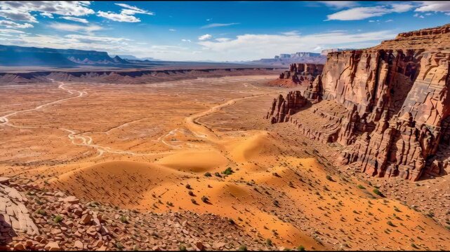 Natural sandstone arch over desert canyon landscape