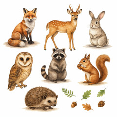 Fototapeta premium Forest animals including a deer, fox, rabbit, raccoon, owl, squirrel, and hedgehog are presented in a detailed wildlife illustration.