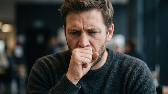 Sick man coughing while sitting indoors, wearing a gray sweater, with a concerned expression, surrounded by blurred figures in a public space