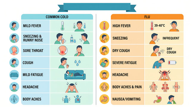 Infographic comparing symptoms of common cold and flu, featuring illustrations of individuals experiencing various health issues and thermometer readings in a colorful layout
