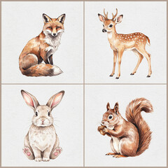 Fototapeta premium Cute woodland animals comprising a fox, deer, rabbit, and squirrel are depicted in a soft watercolor illustration set.