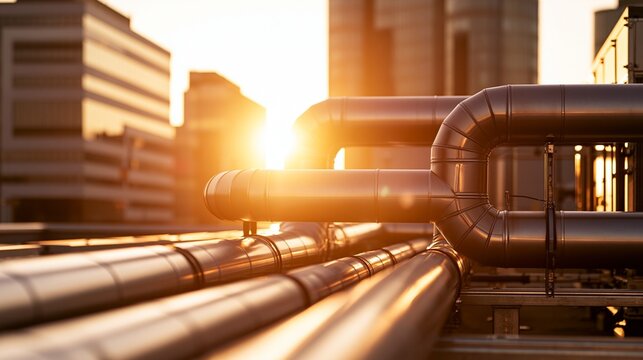Closeup medium shot of heat recovery pipes linked to a CHP installation on a commercial rooftop natural golden hour glow highlighting sleek building silhouette out of focus.