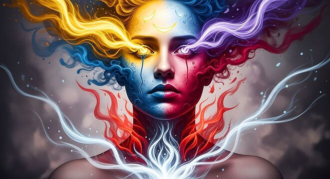 An abstract portrayal of a woman's face, adorned with vibrant colors and swirling energies, symbolizing the power of imagination and creative thought